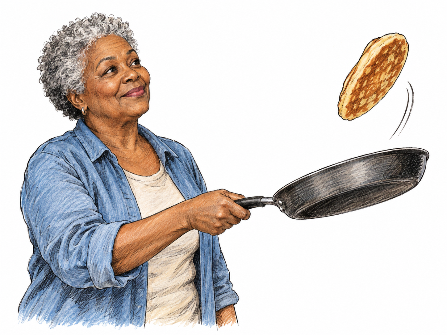 An older woman flips a pancake with a quick upward flick of a frying pan; the pancake is caught mid-turn above the pan.