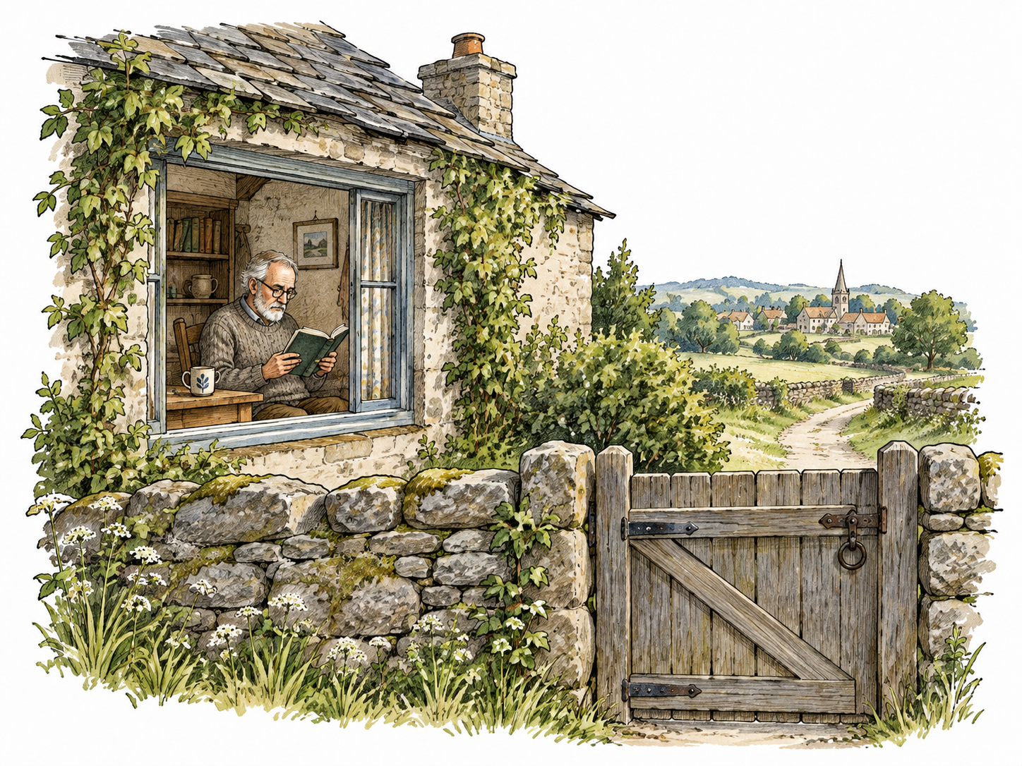 An adult recluse reads alone in a small secluded cottage with closed gate and distant village beyond, chosen withdrawal without menace.
