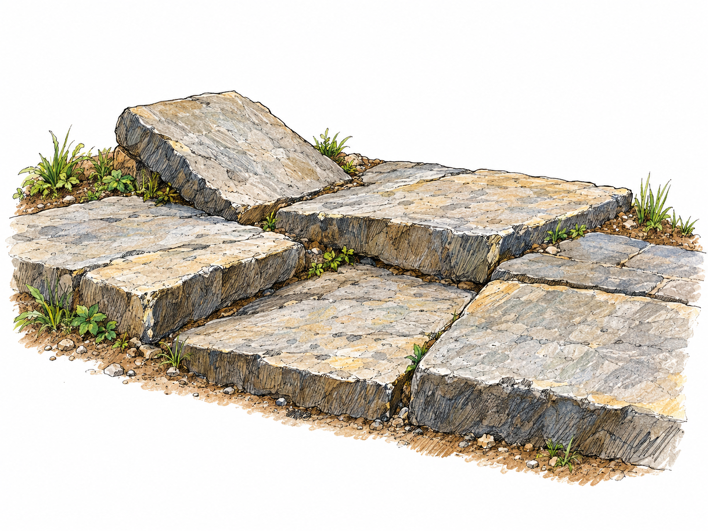 A short stretch of paving with visibly tilted and sunken slabs, making the walking surface irregular and not level.