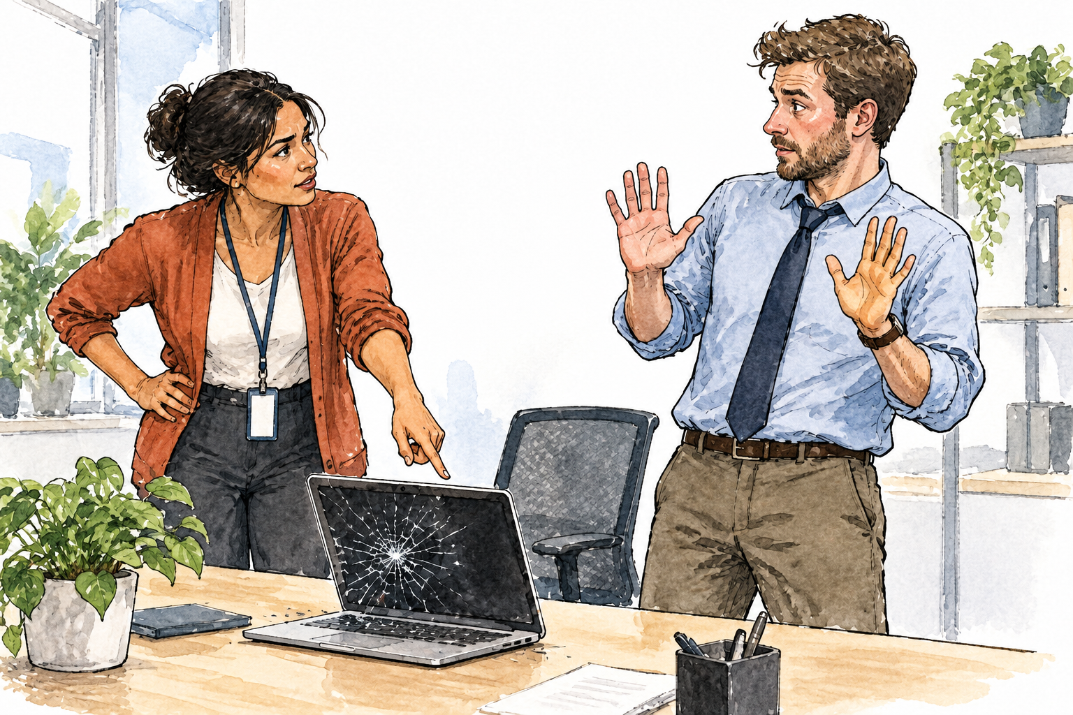 In a contemporary office one colleague points to a broken office object while addressing another who raises hands in disagreement, an allegation with uncertainty rather than established guilt.