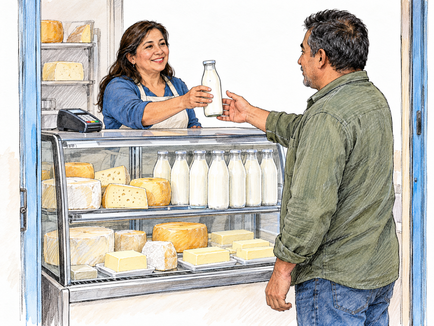 A small dairy shop seen through its open frontage, with a refrigerated counter devoted to milk bottles, butter and cheese.