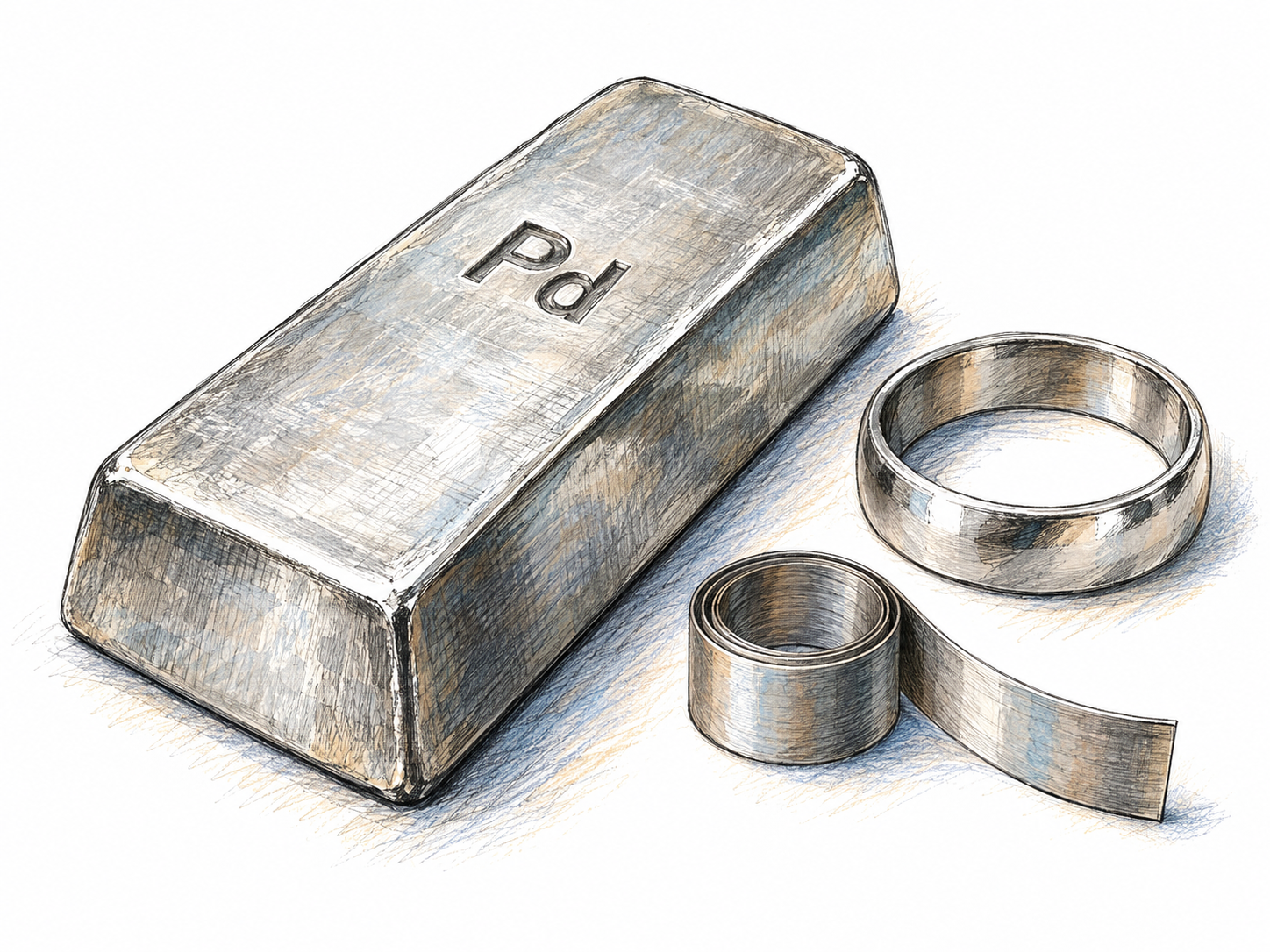 A silvery palladium bullion bar stamped with the elemental symbol Pd, beside a polished plain ring and a small industrial metal strip.