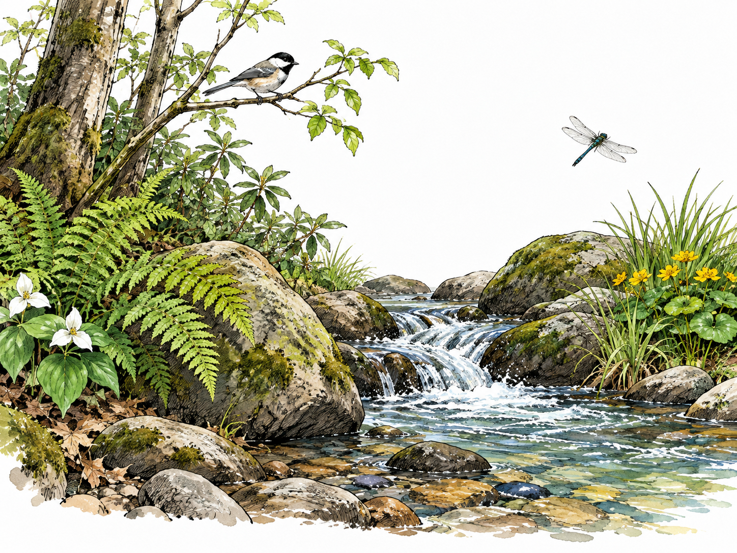An undisturbed woodland stream with native plants, rocks, birds and insects, no human structures.