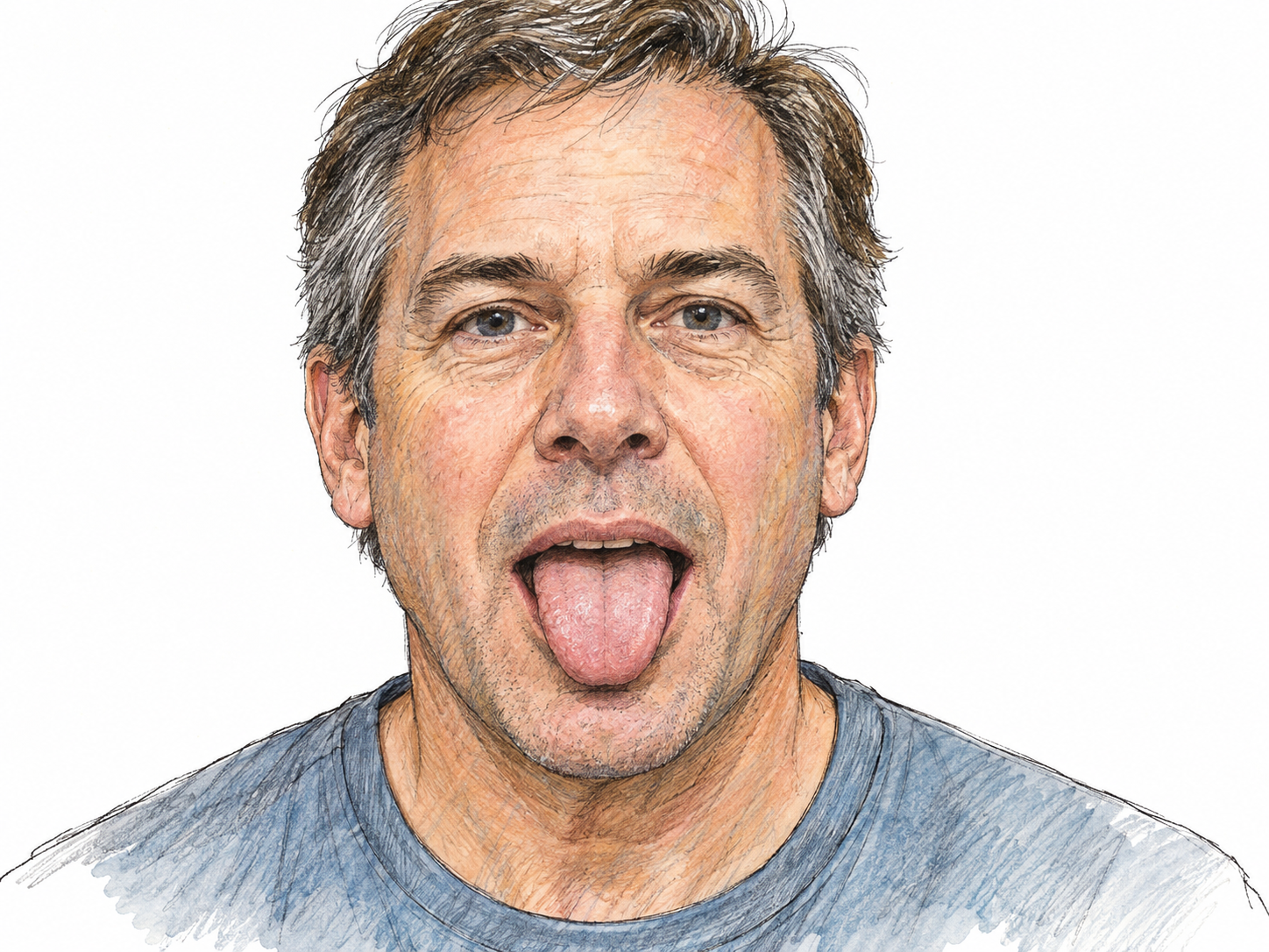 A close-up of a middle-aged white man gently extending his tongue from his open mouth, making the muscular organ clearly visible.