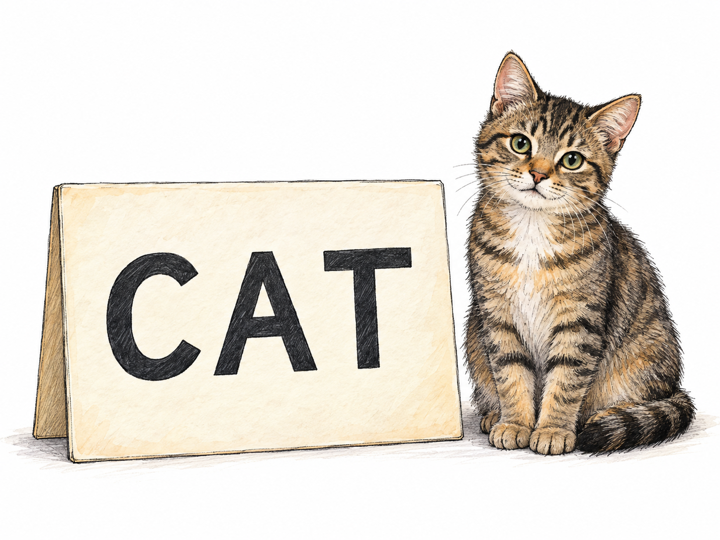 A single word tile bearing CAT beside a small resting cat: one familiar, unmistakably one-syllable word, presented without explanatory labels.