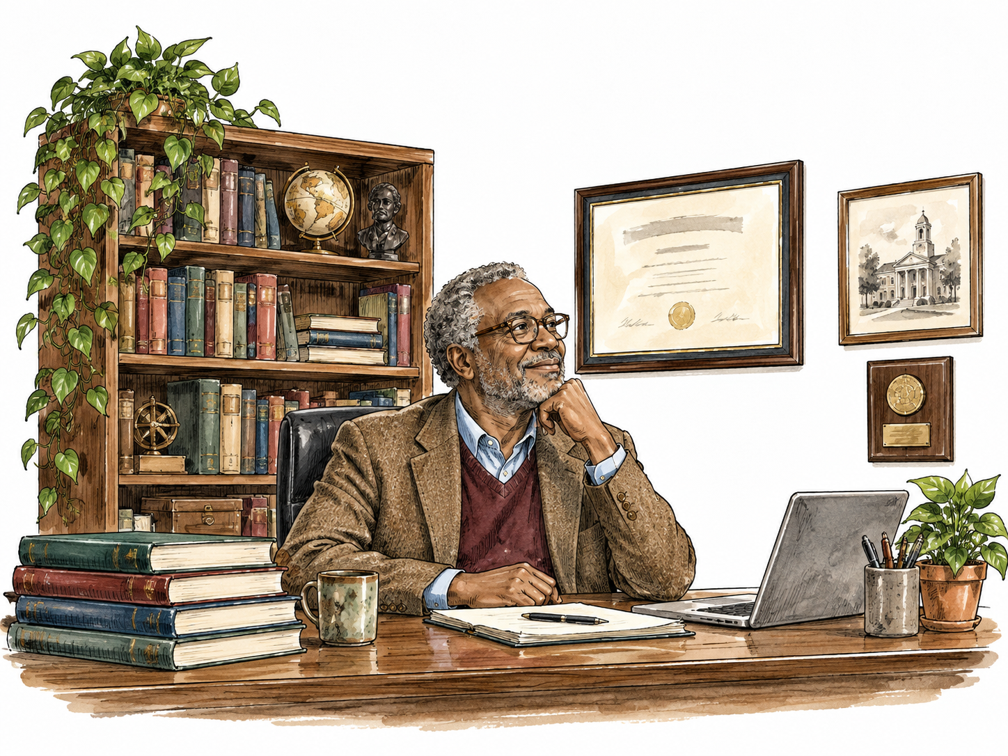 An older Black professor works in a settled office surrounded by years of books and modest awards.