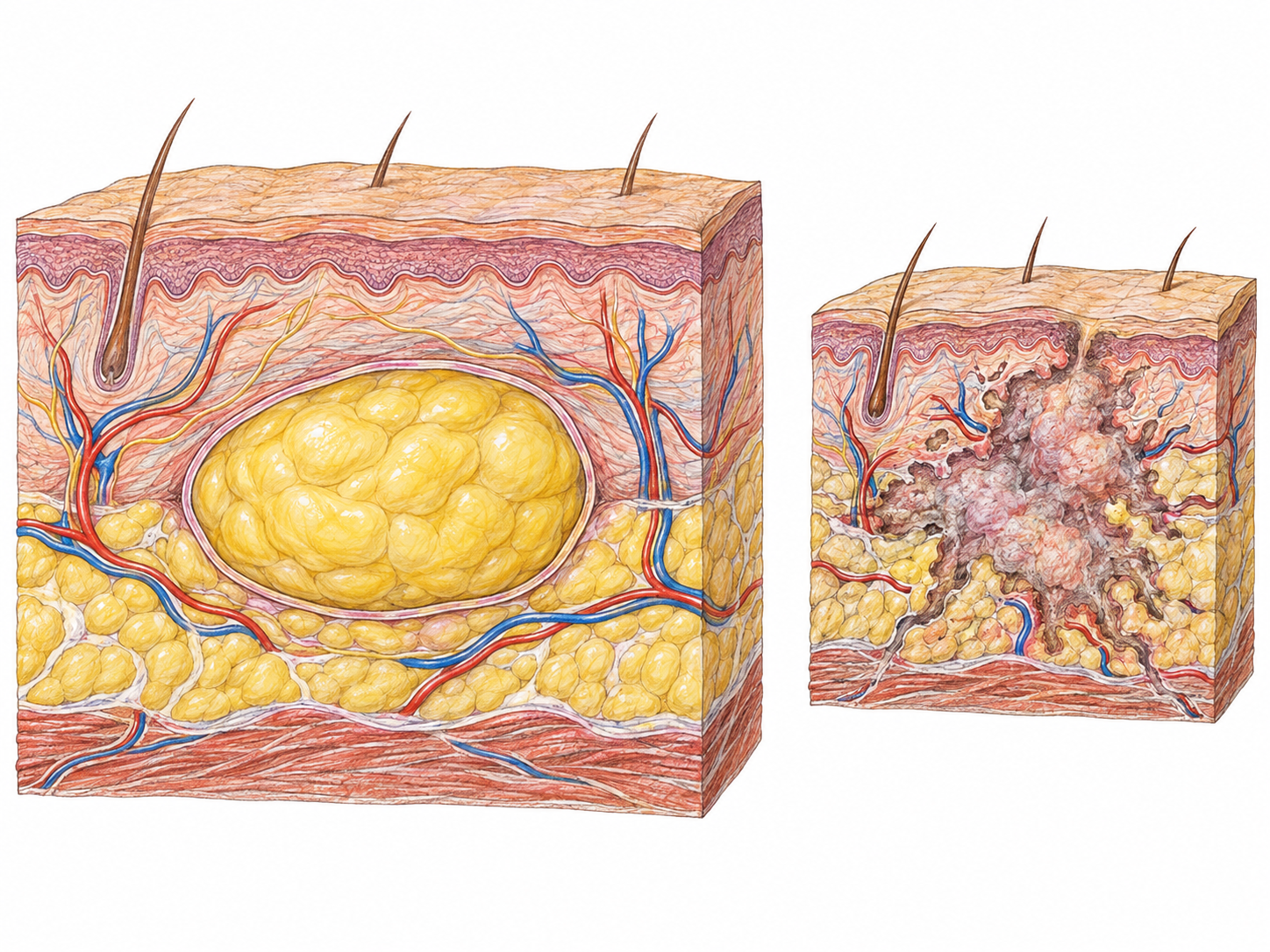 A compact anatomical comparison makes a benign growth recognizable through containment and preservation of surrounding tissue, contrasted with an invasive growth that disrupts it.