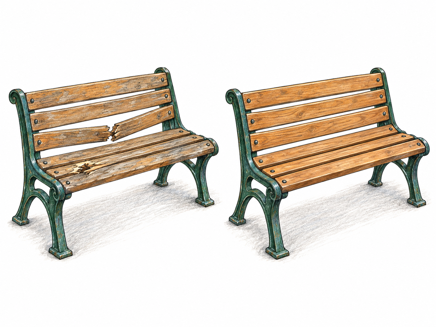 A text-free before-and-after pair shows the same distinctive garden bench changing from broken and unusable to repaired, sturdy and usable.