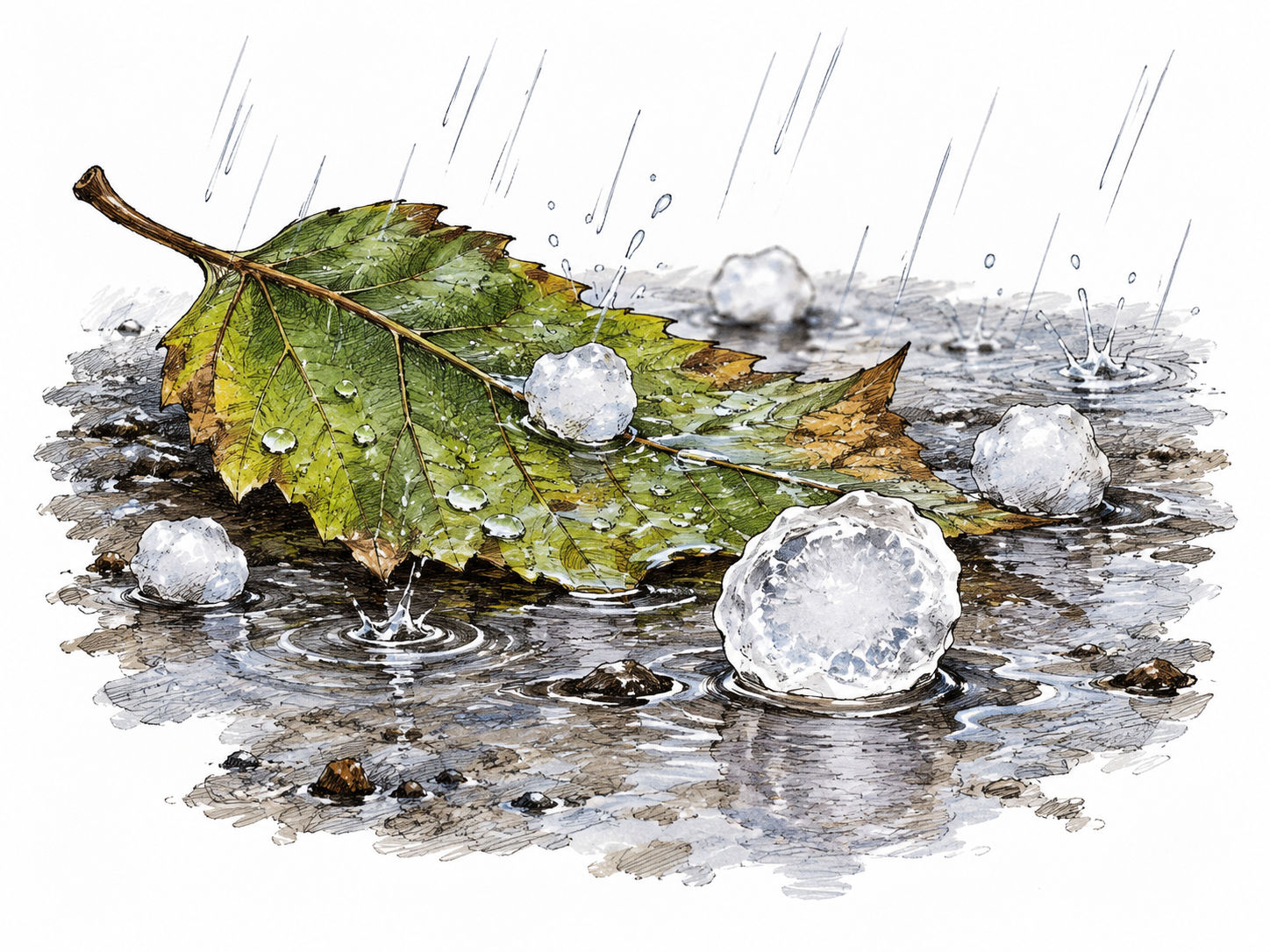 A few irregular small white ice balls fall onto a wet leaf and ground, one foreground hailstone clearly translucent with an icy edge; tiny storm-rain cue only, no snowflakes or ordinary rocks.
