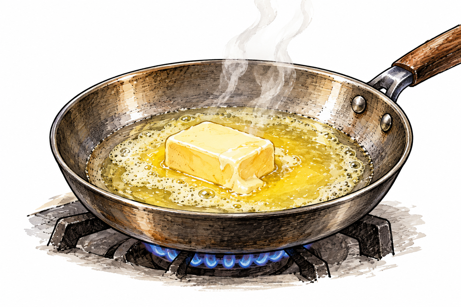 Chef melts solid butter in warm pan, half-solid pat surrounded by flowing liquid, no packaging.