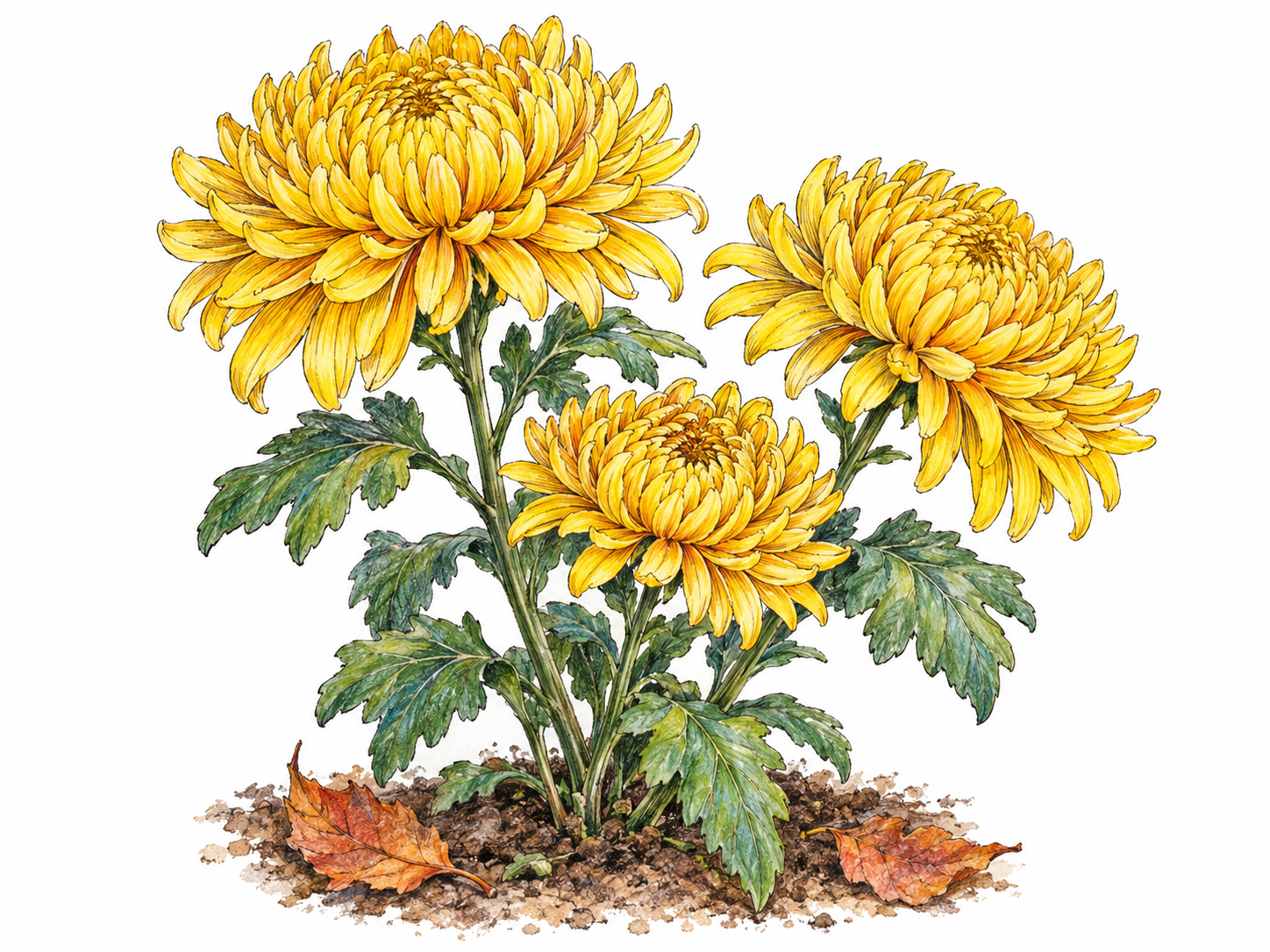A compact garden chrysanthemum plant with three golden-yellow blooms, densely layered petals, and lobed green leaves, with two fallen autumn leaves beside its base.