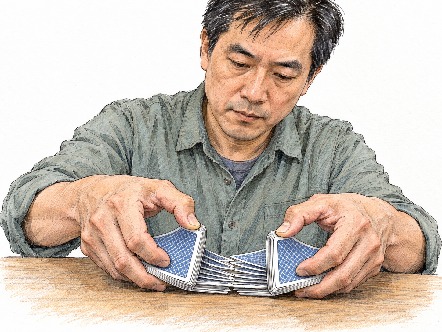 Show the card-mixing branch of the frozen definition: a man riffle-shuffling two halves of a playing-card deck, with their released inner corners visibly interleaving.