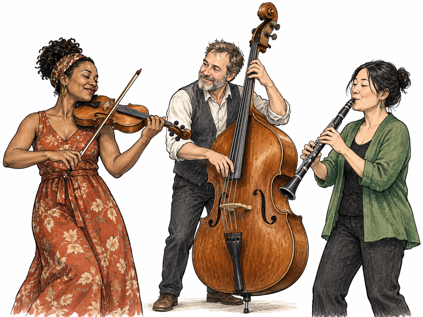 A varied adult trio plays violin, upright bass and clarinet together, coordinated rhythm and musical interaction, no written notes or signage.