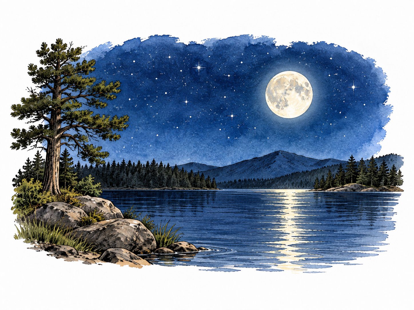 A quiet landscape under stars and moon, deep blue night sky.