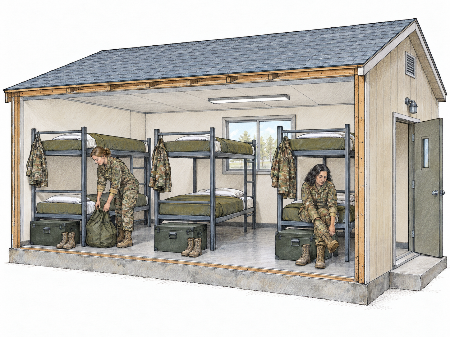 A simple military accommodation building shown through an open side, revealing orderly rows of bunk beds, footlockers, boots and military uniforms.