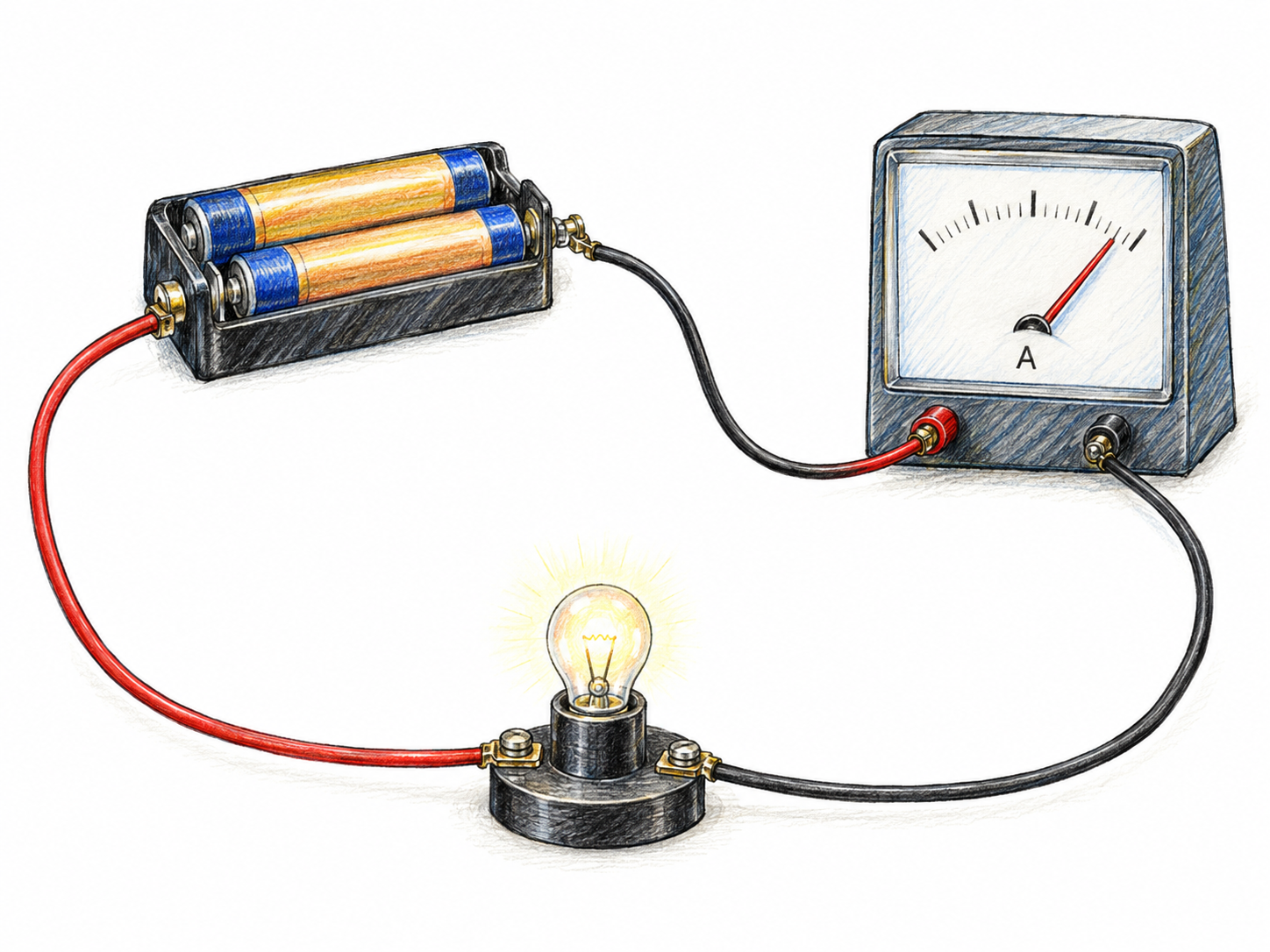 A simple low-voltage circuit with a battery, a glowing miniature bulb, and an analog ammeter connected in series, its needle showing the current strength.