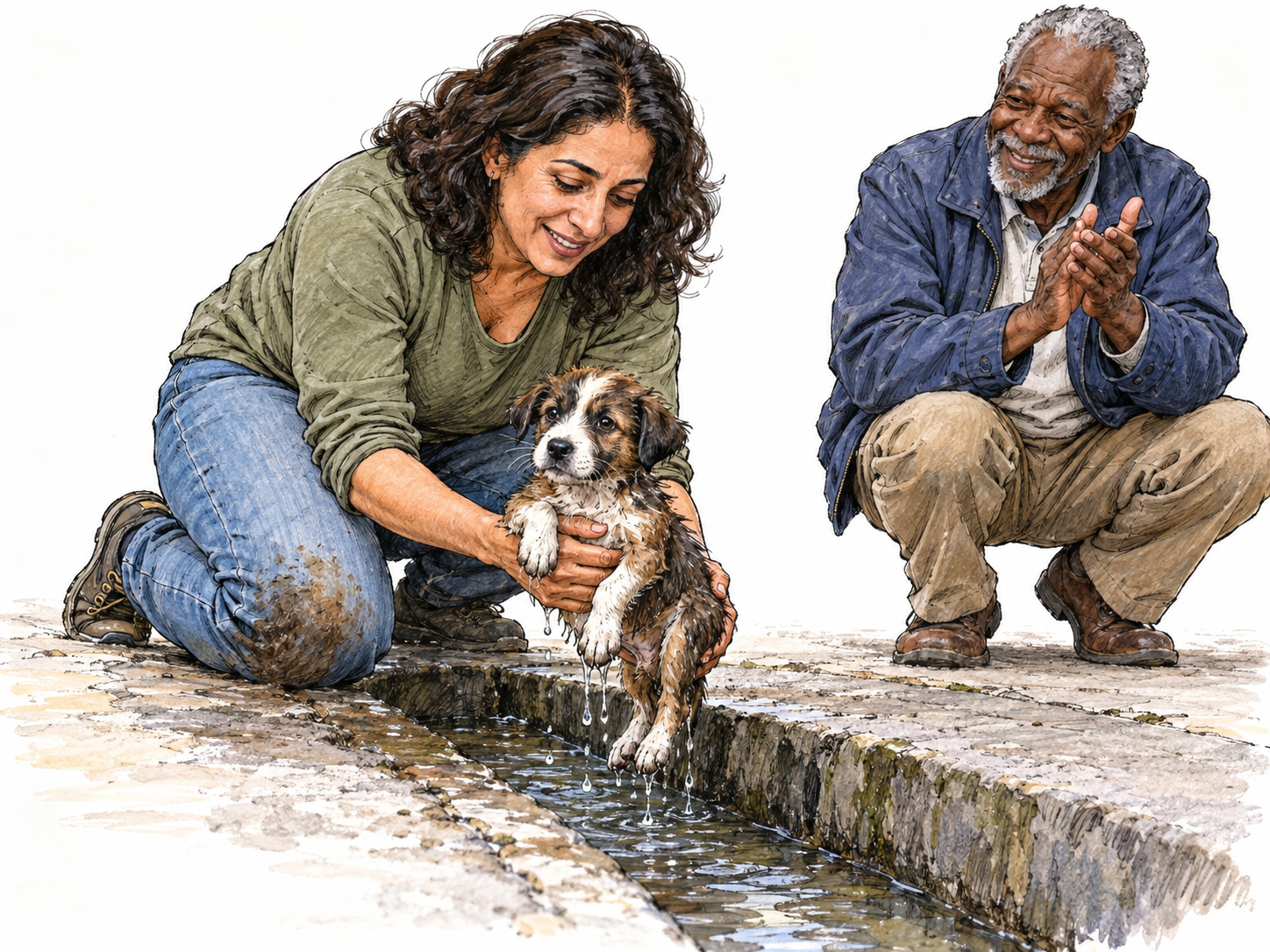 A woman rescues a stranded puppy from a roadside drain while a nearby older man applauds her admirable action.
