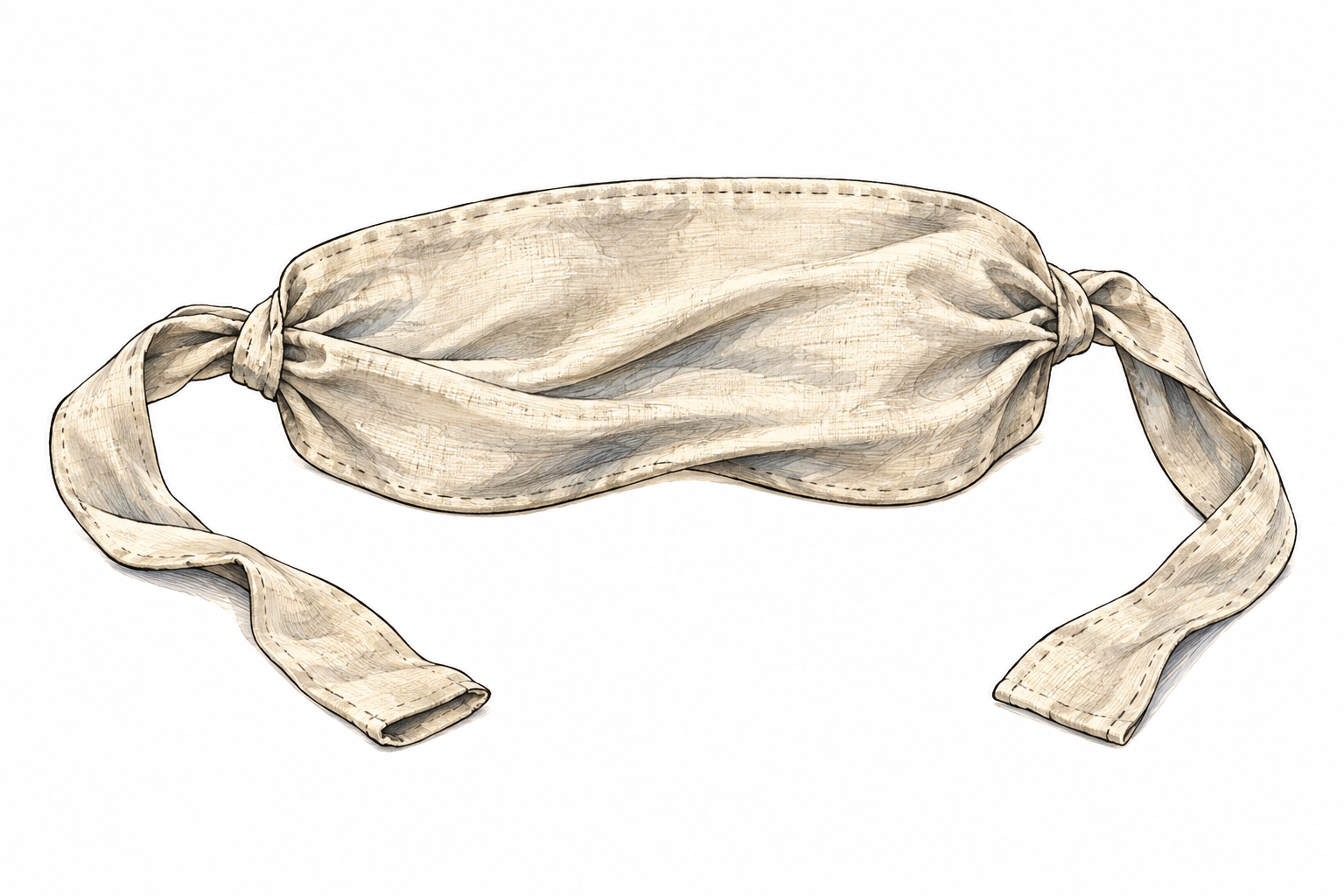 A soft opaque cloth blindfold lies flat with two ties, neutral isolated object.