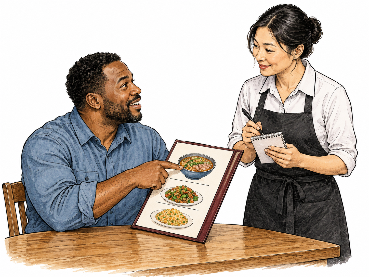 Diner points to a pictured bowl on a simple menu while server records the requested meal on a blank pad.