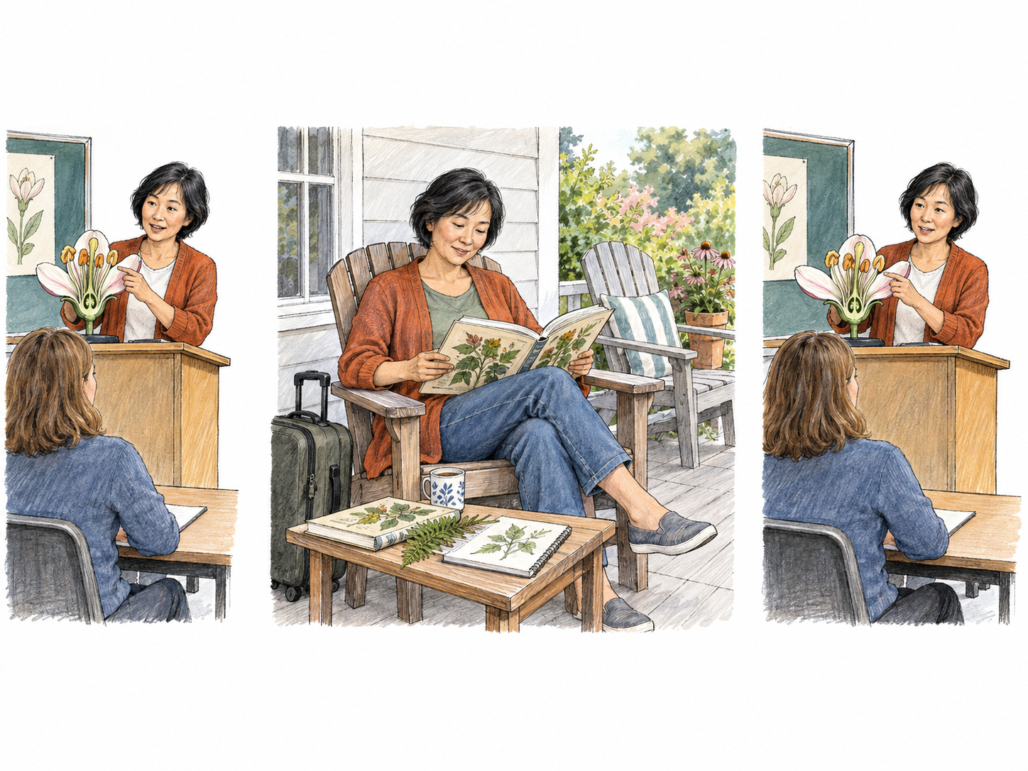 A temporary interval away from regular teaching work for independent study and rest, shown between two views of the same professor teaching in the same classroom.