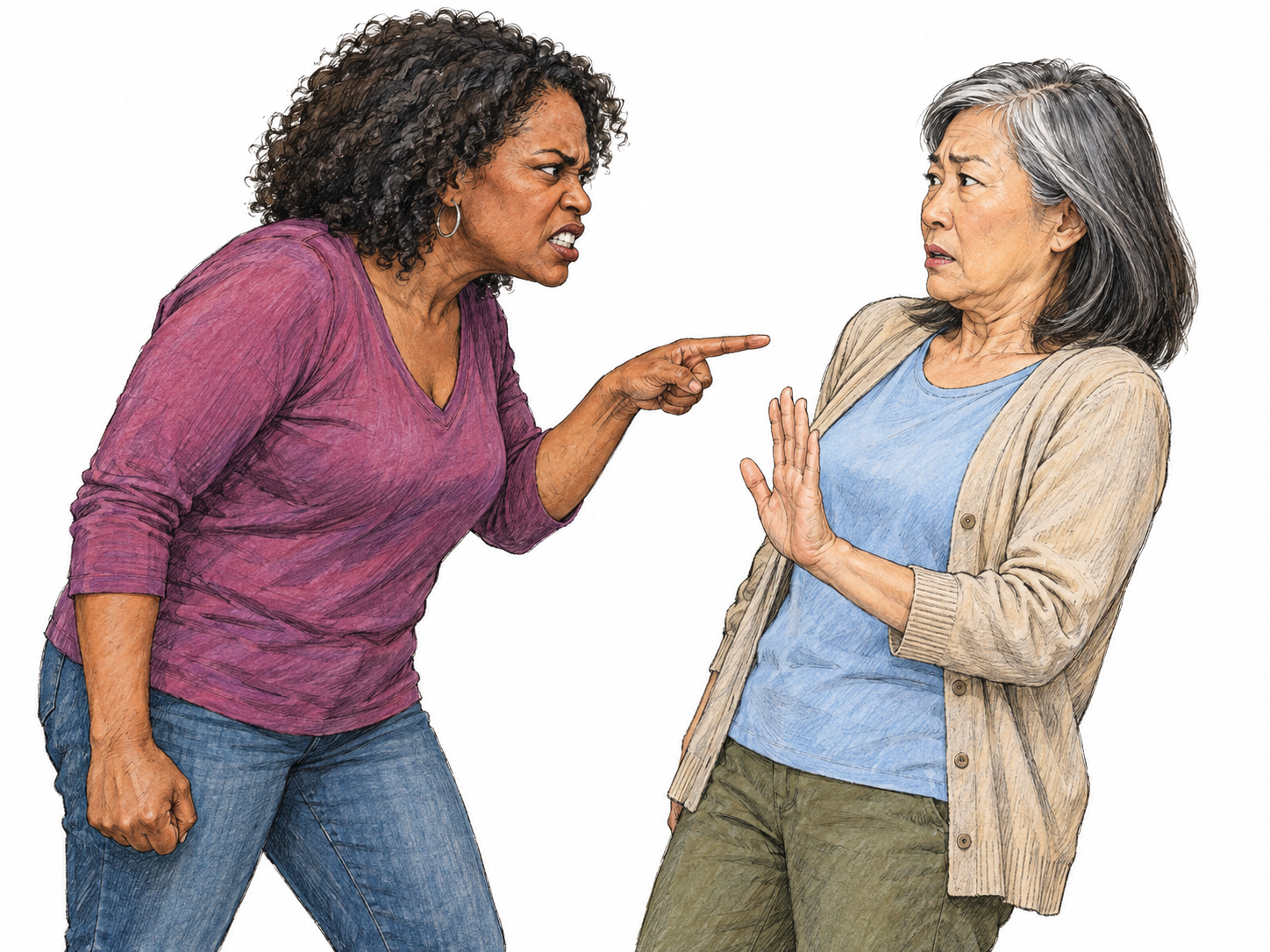 A visibly combative woman leans into another woman's space, scowling and jabbing an accusatory finger while the other woman recoils with an open palm raised to de-escalate.
