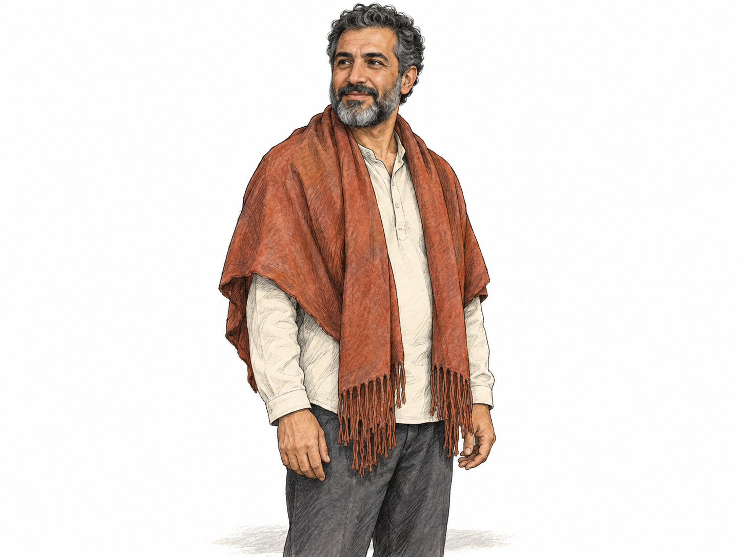 A man wears a broad, fringed piece of cloth draped across both shoulders, with its loose ends hanging down his chest and its lower edge covering his upper arms.