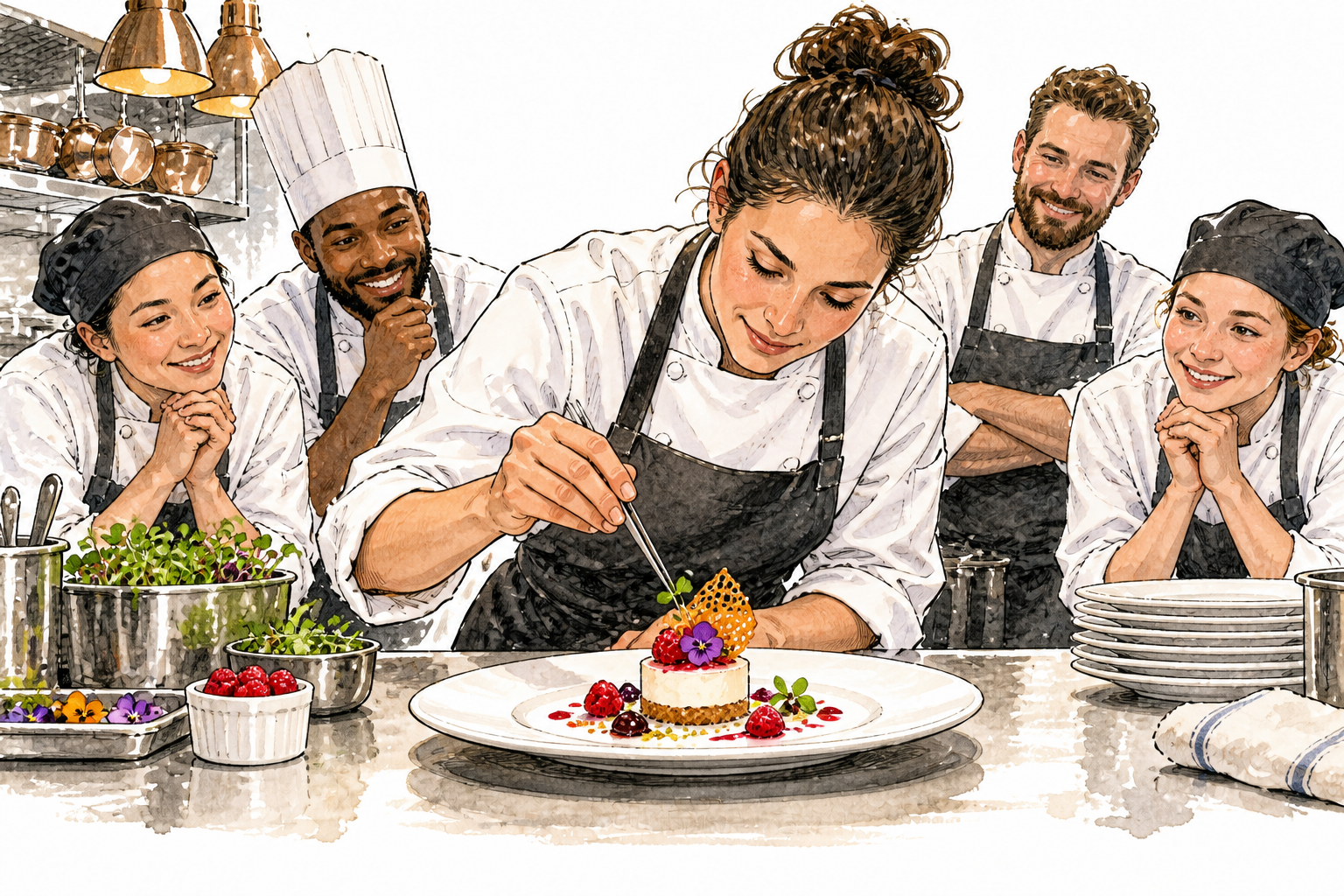 Highly skilled chef expertly plates an intricate dessert while colleagues admire craftsmanship, no words on clothes or walls.