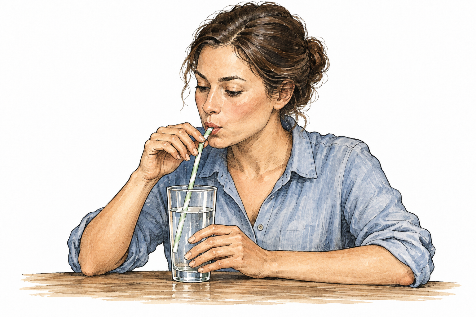 An adult draws a drink through a straw from a clear glass, cheeks slightly drawn inward, no markings.