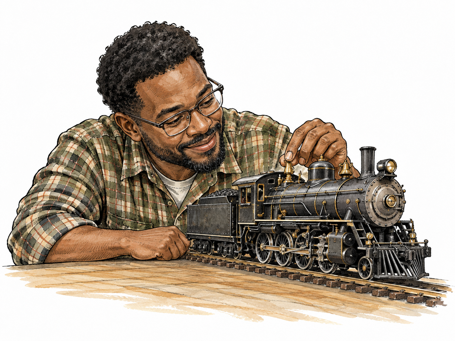 A Black railway enthusiast studies a detailed model steam locomotive with knowledgeable delight.