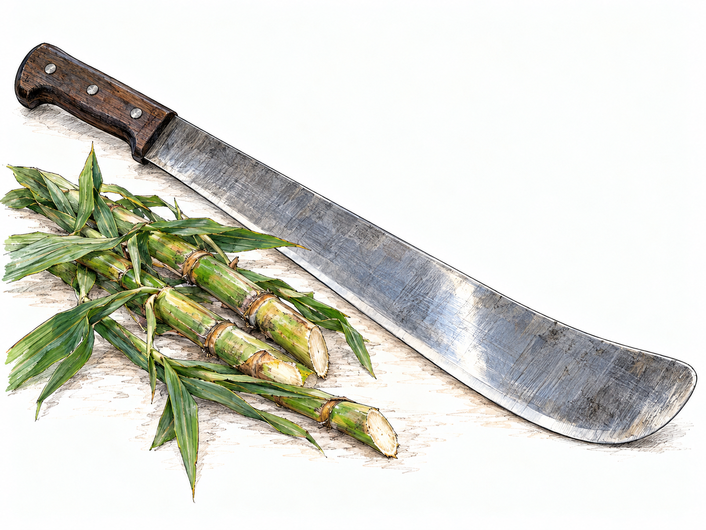 A broad, heavy machete lies beside freshly severed leafy cane stems, with its entire blade and handle clearly visible.