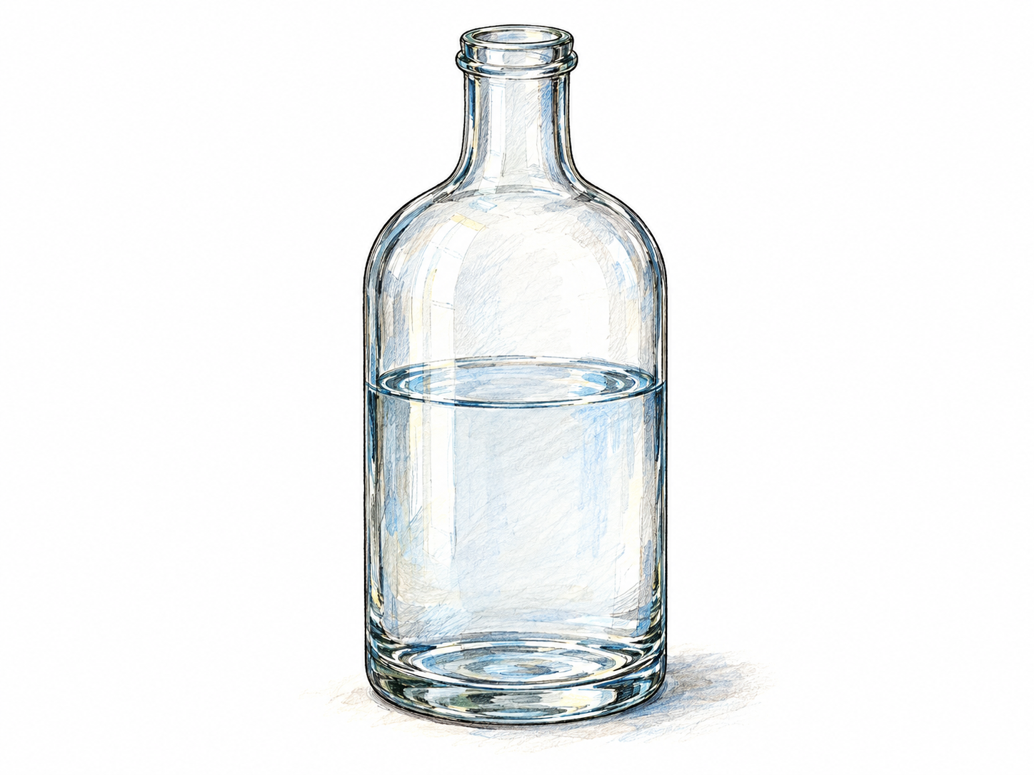 A single upright transparent glass bottle, partly filled with water, with broad shoulders narrowing into a clearly visible slim neck and open mouth.