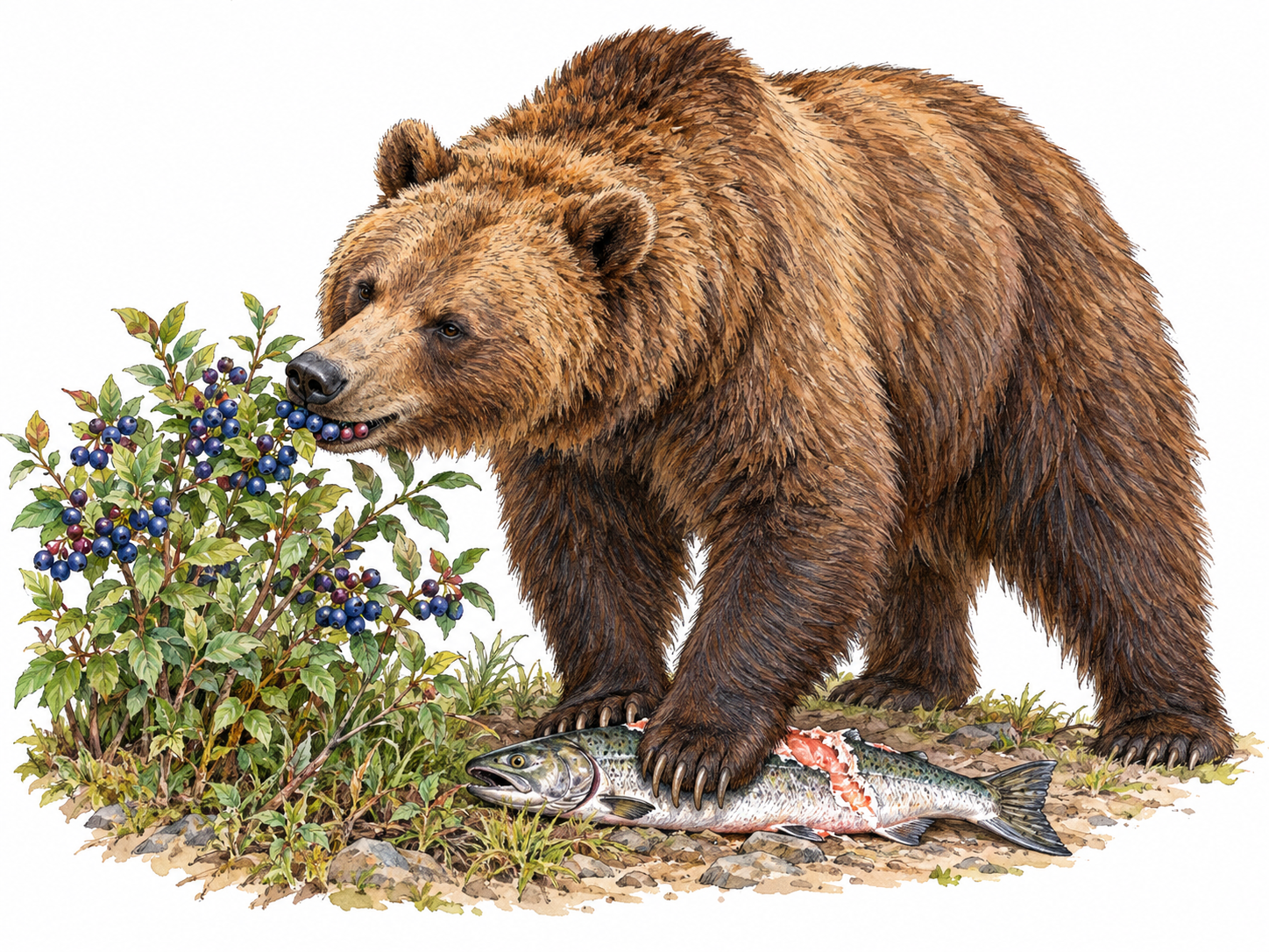 A brown bear eats berries beside a partly eaten fish, visibly combining plant and animal foods in one feeding scene.