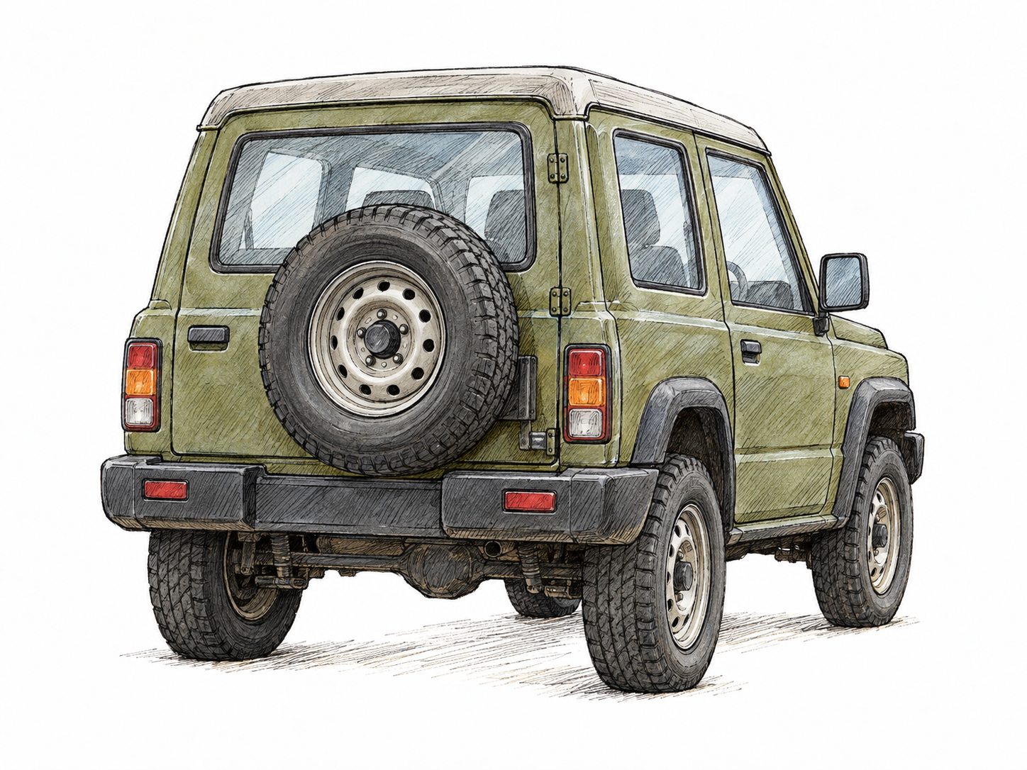 A parked compact off-road vehicle has two rear wheels supporting it and an additional matching wheel secured upright to the outside of its closed rear door, visibly ready as a spare.