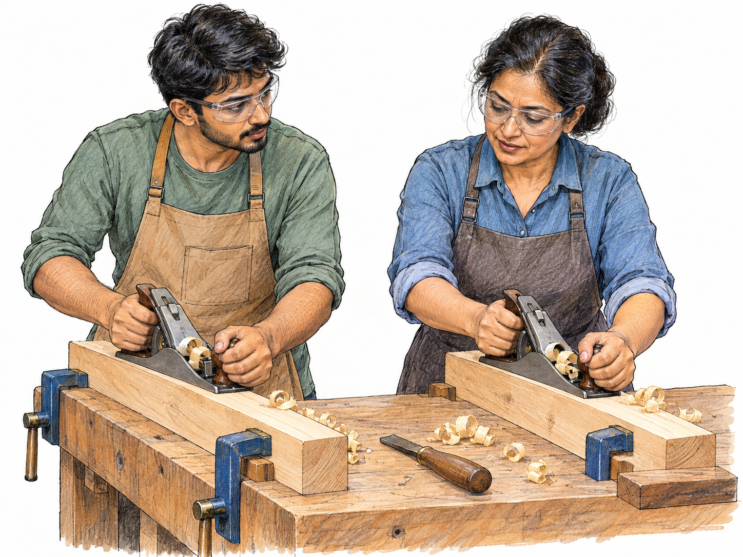 A young apprentice carpenter practices using a hand plane on a clamped wooden board while an experienced carpenter beside him demonstrates the correct hand position on a second plane.