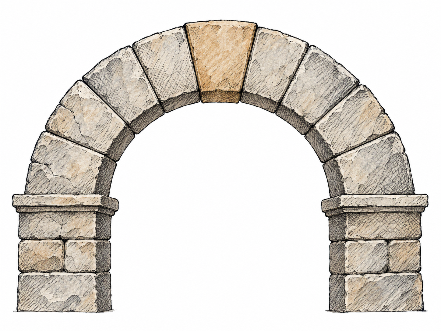 A compact complete masonry arch shows its central top wedge-shaped keystone locked between the neighboring voussoirs.