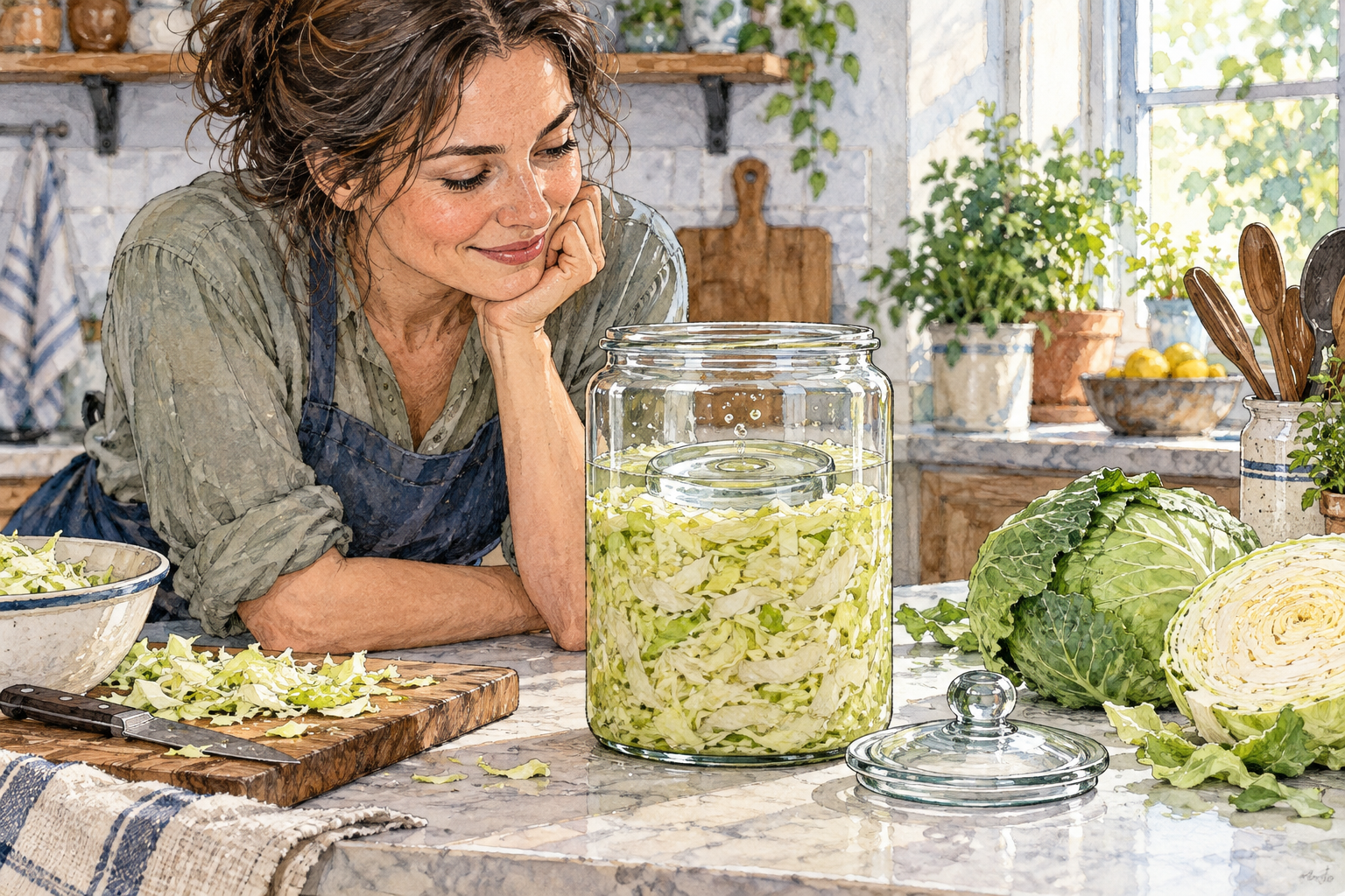 A home cook observes cabbage fermenting in a clear glass jar on a kitchen counter, chopped cabbage fully submerged in pale brine beneath a glass weight, a few tiny bubbles visibly rising through liquid.