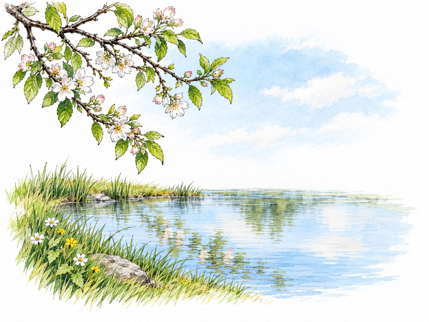 Clement weather: a quiet spring pond beneath soft sunshine, with still water, gently stirring fresh leaves, and flowering meadow plants—no harsh heat, wind, or cold.