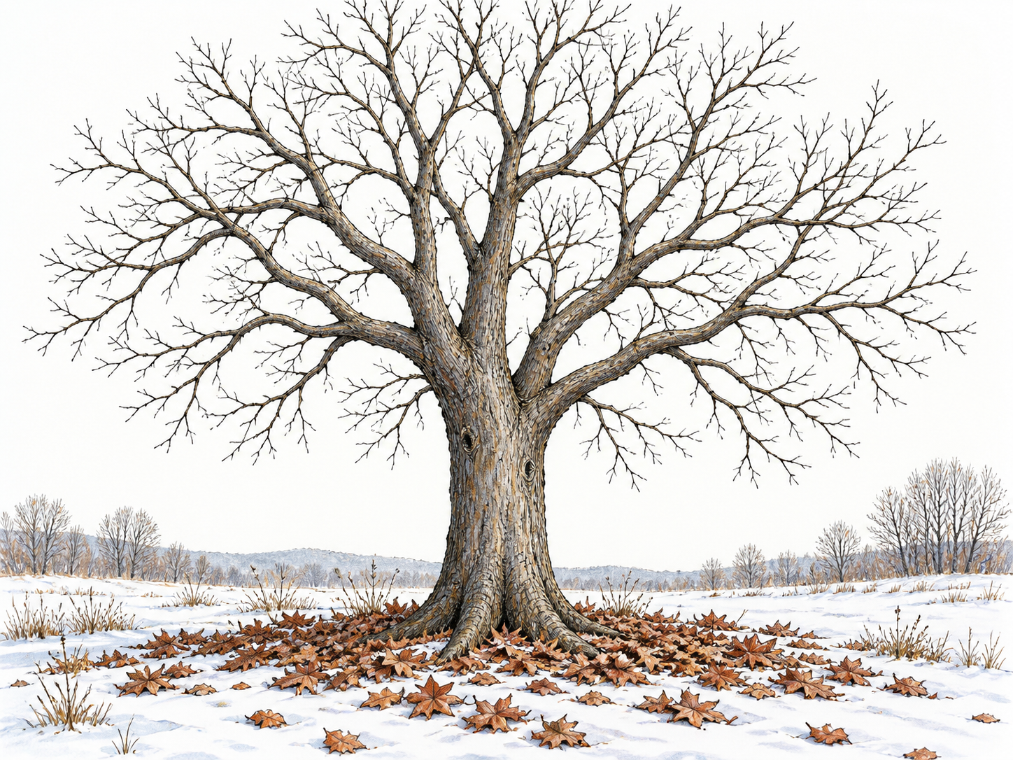 A winter tree stripped of its leaf covering.
