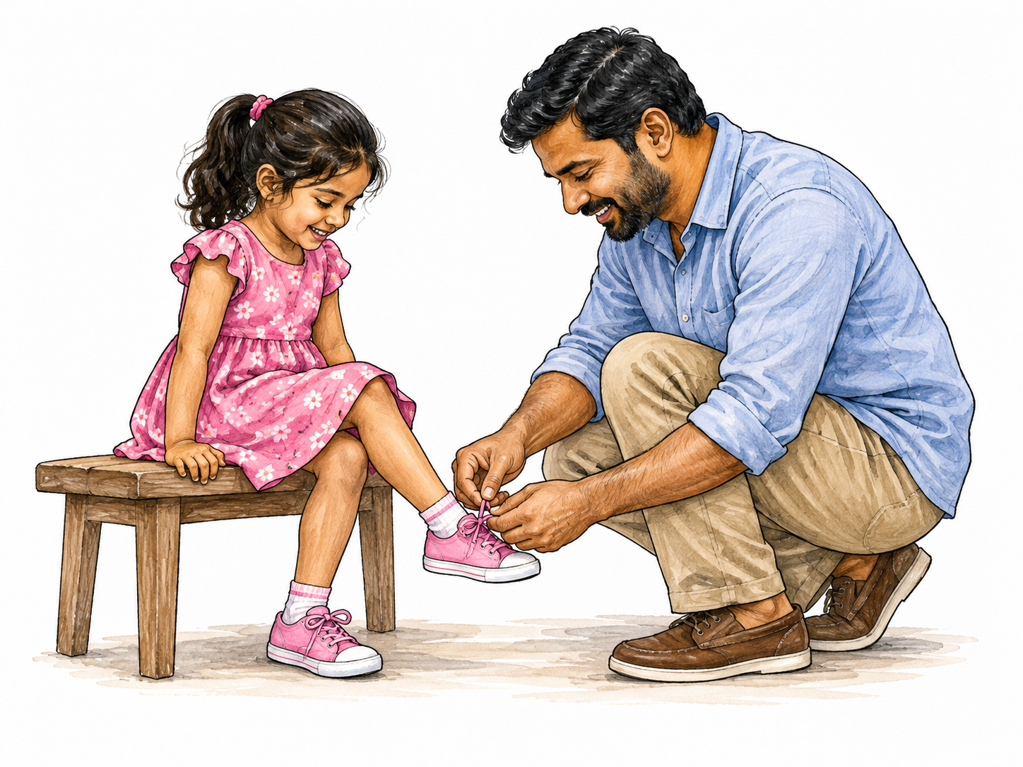 A father ties his small daughter's shoe while she sits on a low bench at home, caring familiar parental interaction, full anatomically clear hands.