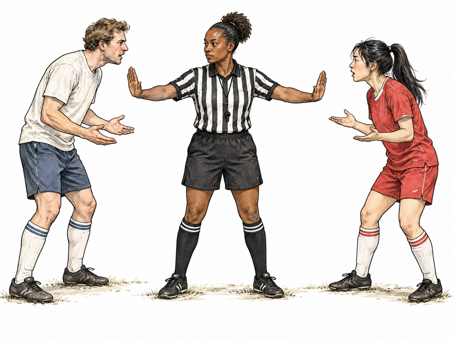 An impartial referee stands exactly between two opposing players with both palms open equally, neither side favored, no team logos.