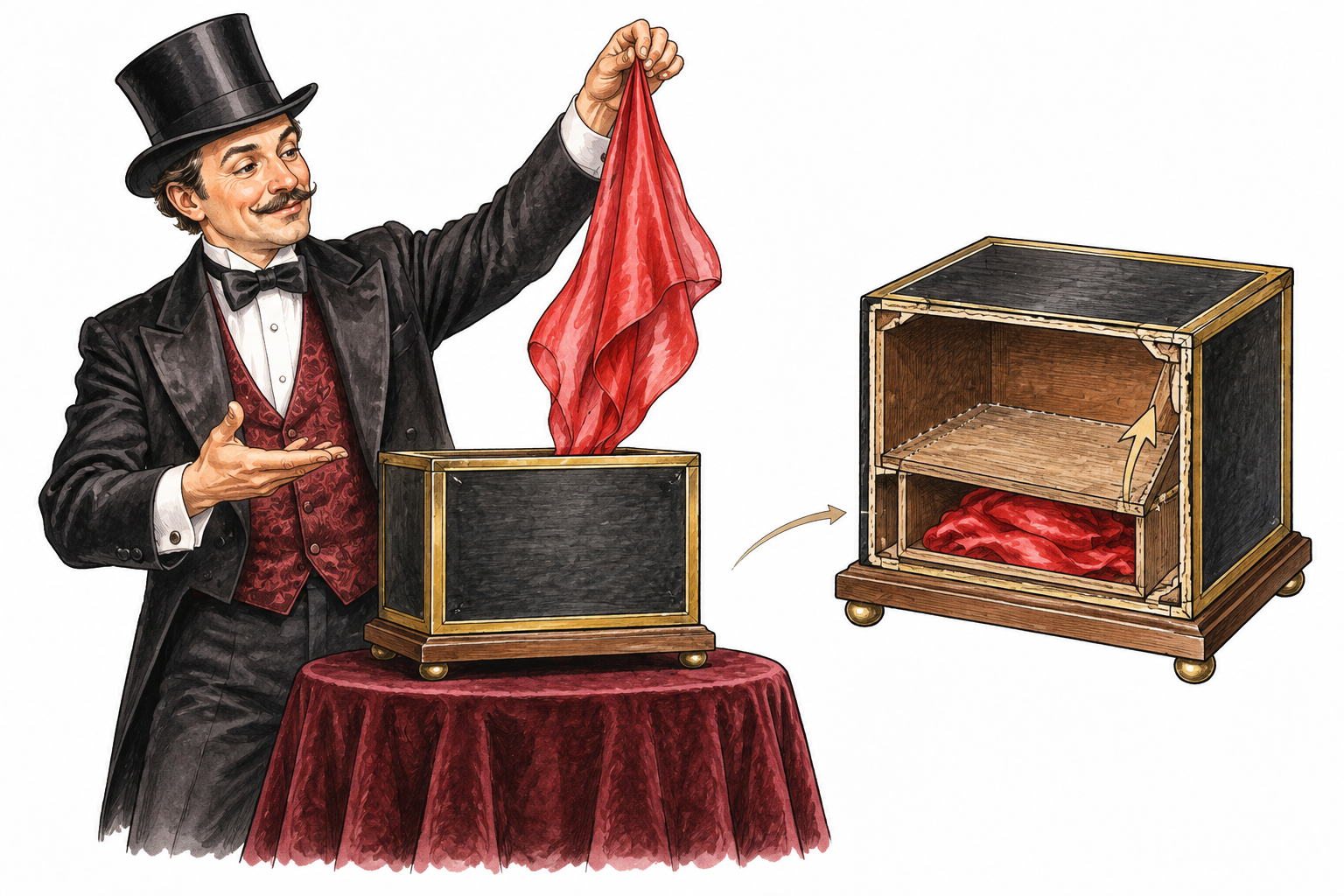 A stage magician uses a hidden false-bottom box to make a silk scarf appear, cutaway reveals concealed compartment and clever deception, no text.