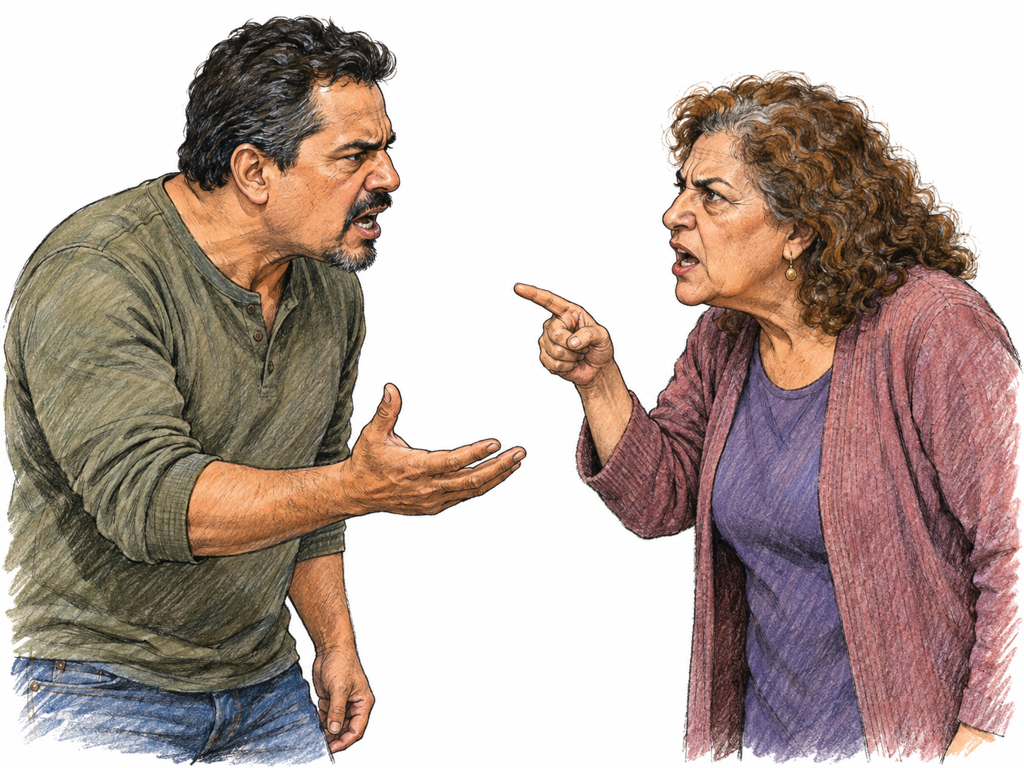 Two adults face one another in a heated verbal argument, both speaking with angry expressions and emphatic gestures, without physical contact.