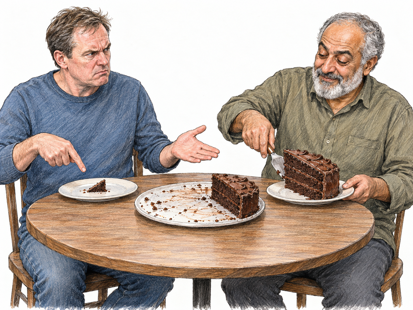 At a shared table, a man reacts with offended anger as his companion serves himself almost the entire cake while leaving him only a tiny sliver.