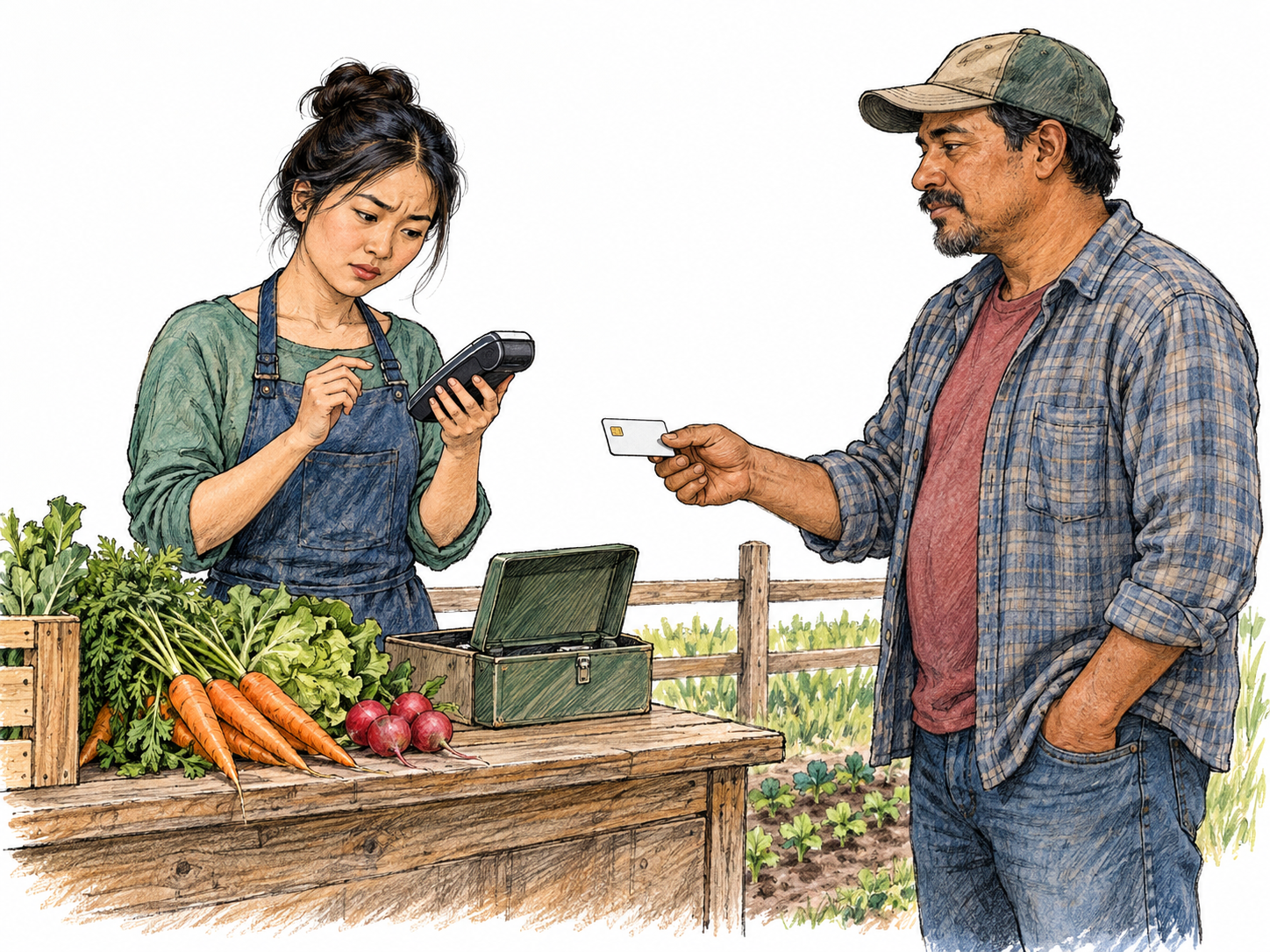 A young rural farm-stand seller, accustomed to a simple cash tin, looks puzzled by a customer's contactless payment card and a new card reader.