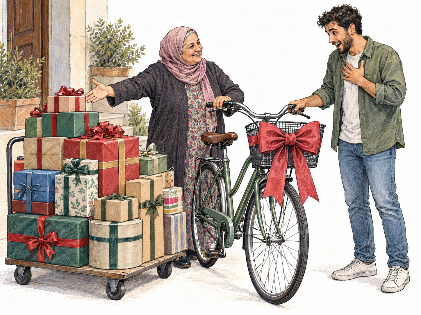 An older woman gives a young man an exceptionally abundant collection of presents: a new bicycle with a large gift bow and a low trolley piled with individually wrapped gifts.
