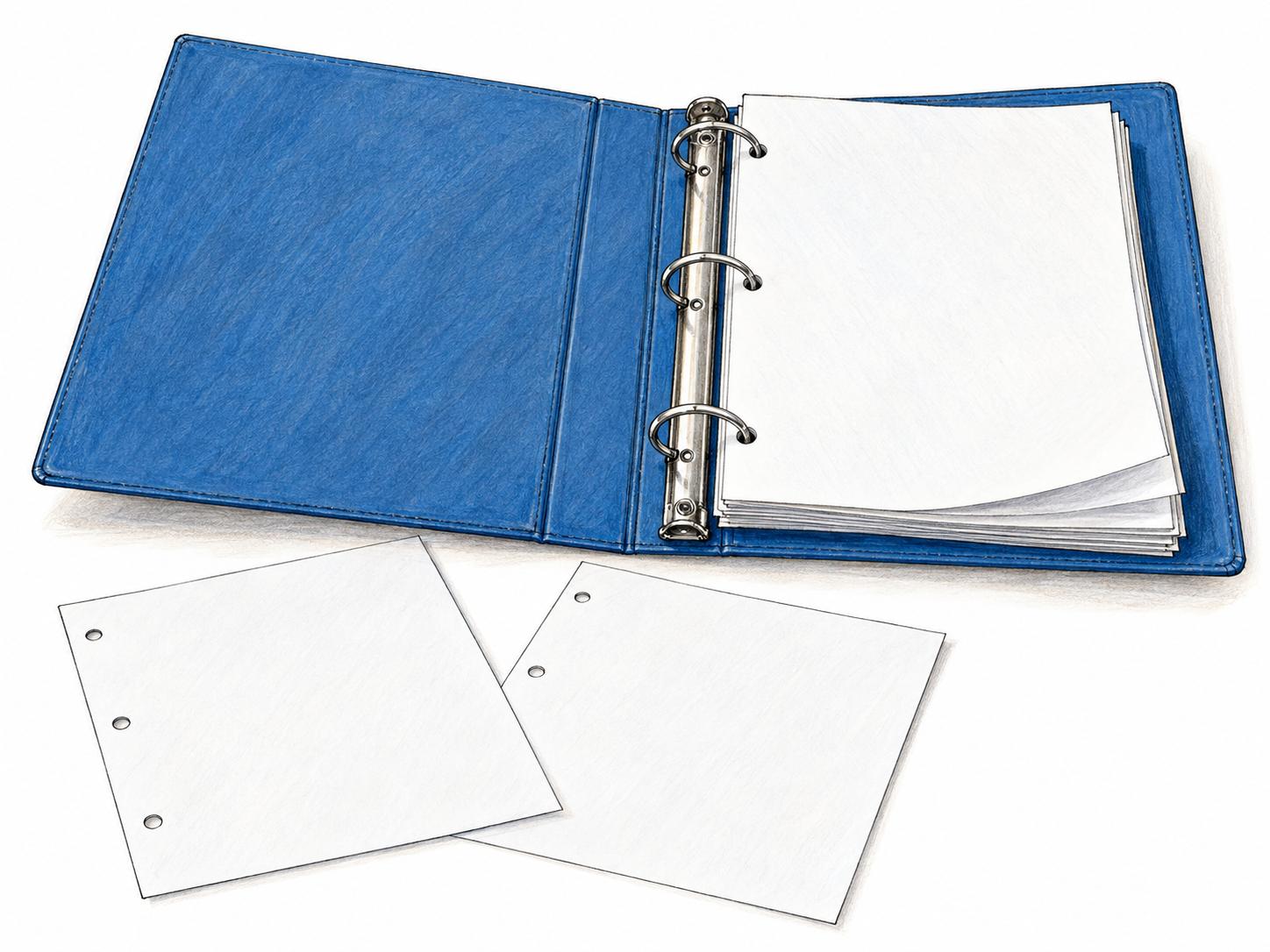 An open three-ring binder with blank punched sheets visibly secured by its metal rings, plus a few matching loose sheets beside it.