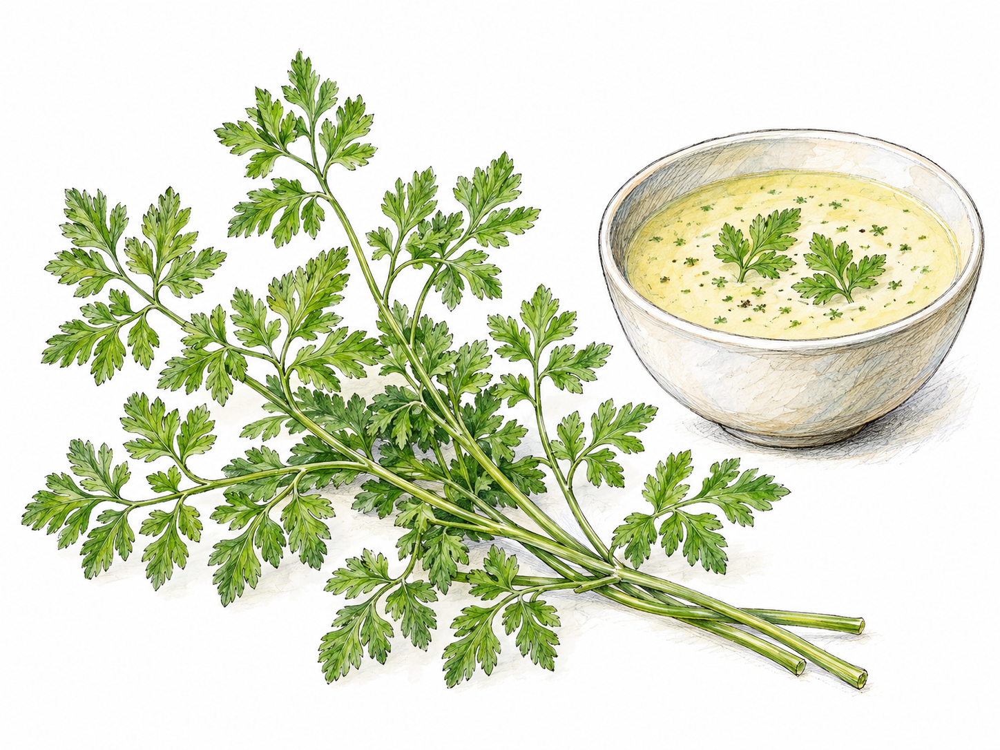 A close botanical-and-culinary view of fresh chervil sprigs beside a small bowl of creamy soup garnished with the same delicate leaves.