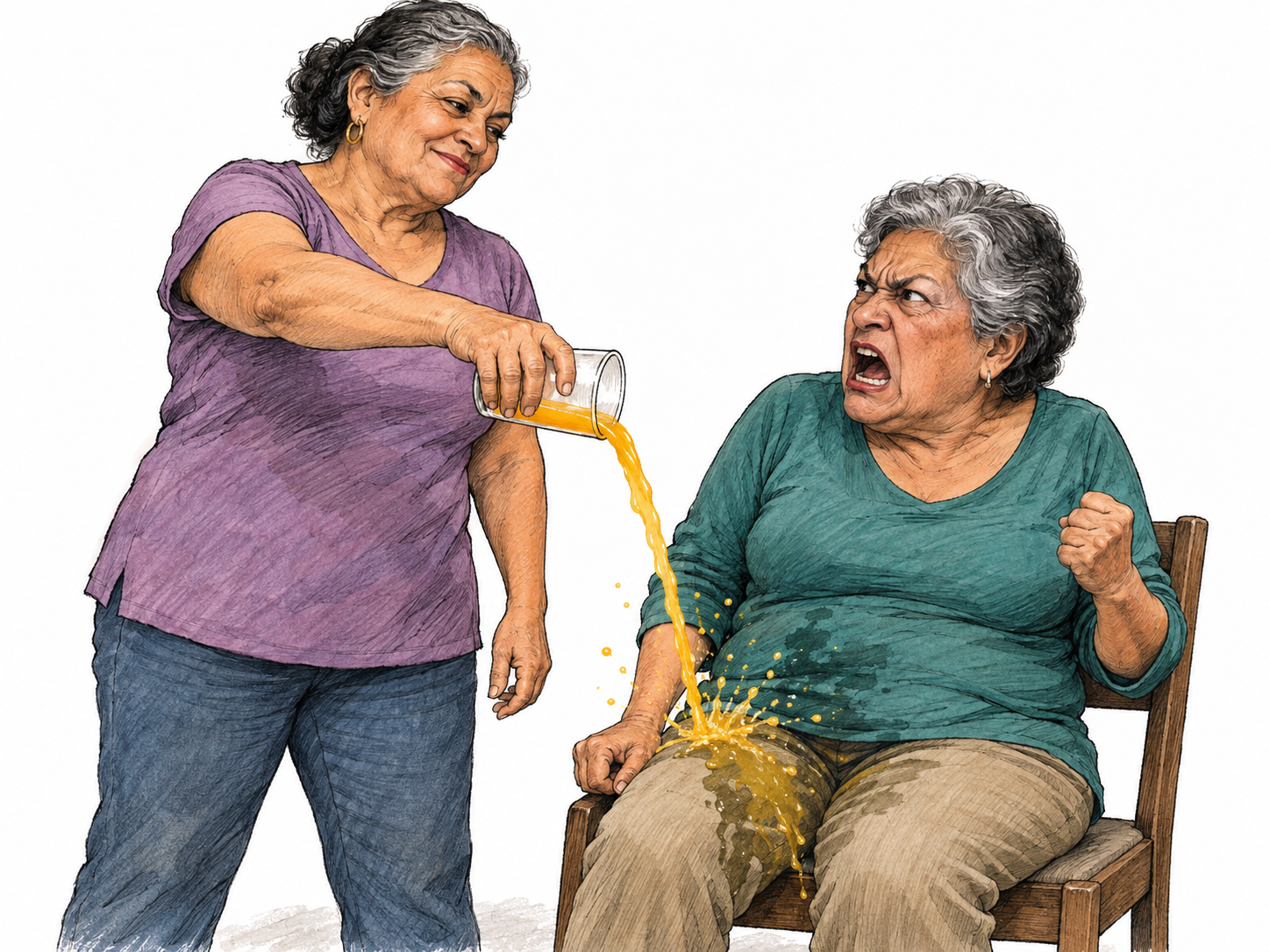 One woman deliberately pours her drink into another woman's lap, provoking an unmistakably furious reaction.