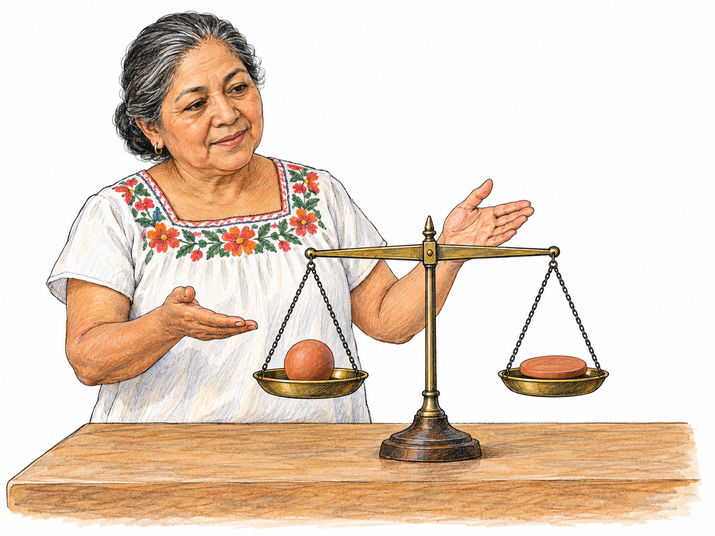 An older woman demonstrates that two differently shaped clay pieces have equal mass by placing them on a level two-pan balance, making their equality visibly testable rather than merely asserted.