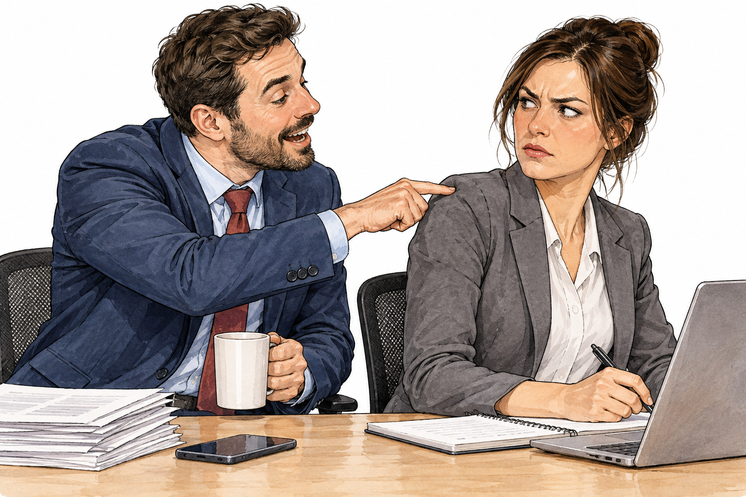 Adult office worker intentionally repeatedly pokes colleague's shoulder while interrupting, colleague visibly annoyed.